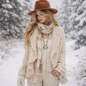 Open Knit Cardigan Shawl Collar Cream Lace Boho Cozy Sweater Medium